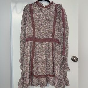 TOPSHOP Dress Pink Floral Chiffon Lace Trim Long Sleeve Ruffle - Size 14
